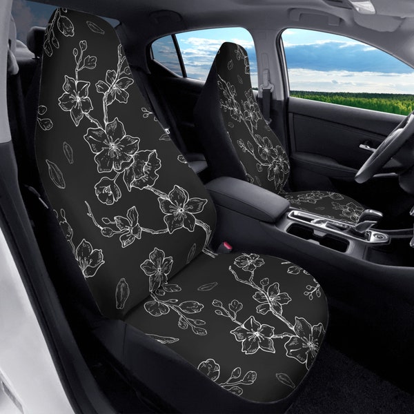 Cherry Blossom Sakura Car Seat Covers Set Custom JDM Cover Japanese Inspired Floral Design Graphic Black White Minimalist Cute Anime Kawai