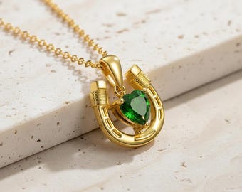 Personalized Horseshoe Birthstone Necklace Custom Cowgirl Dainty Lucky Gemstone Western Pendant Jewelry Gift Her Mom Silver Rose Gold 18K
