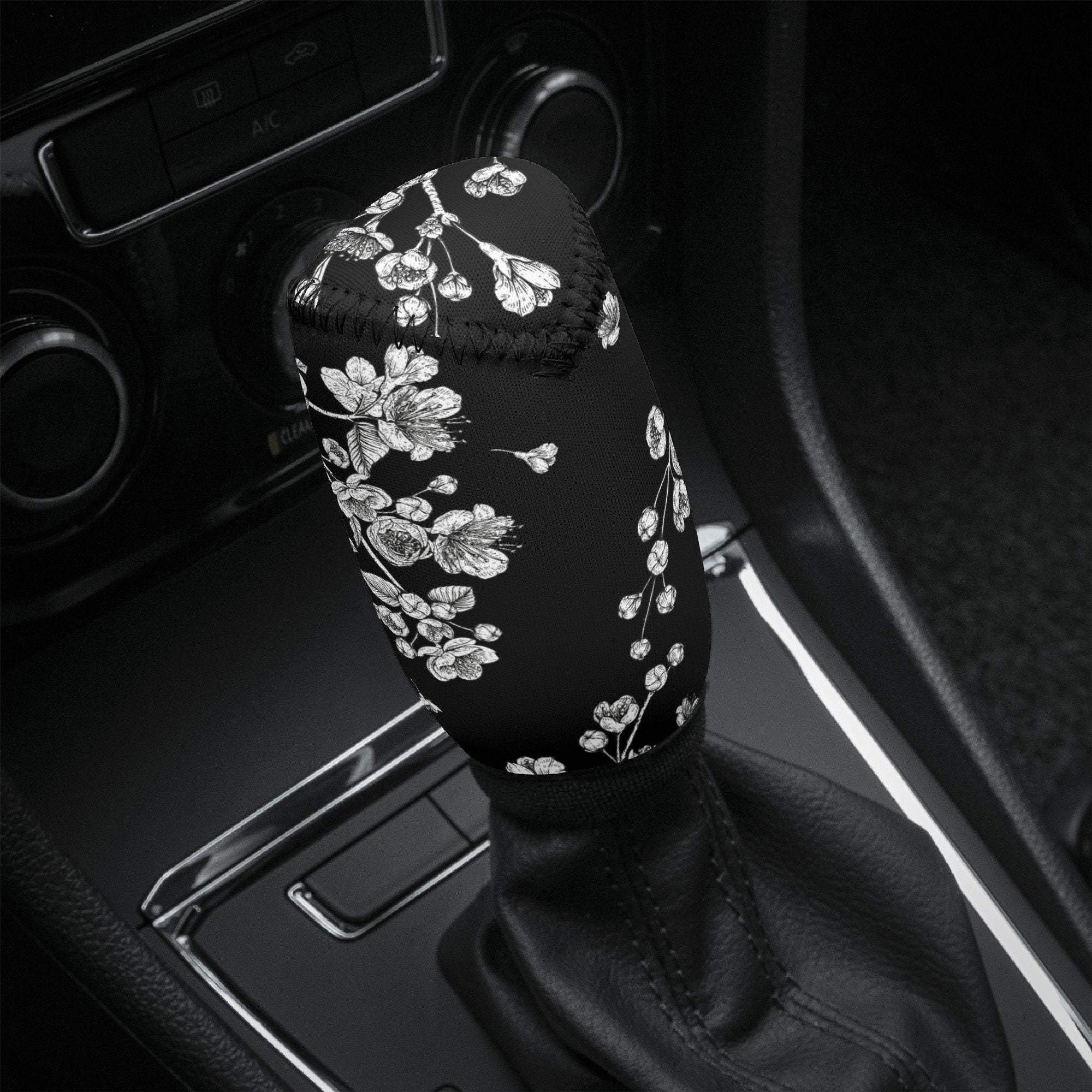 Cherry Blossom Sakura Car Shift Knob Cover Boot Custom JDM Japanese Floral Design Graphic Black White Minimalist Cute Anime Kawai Charm Art