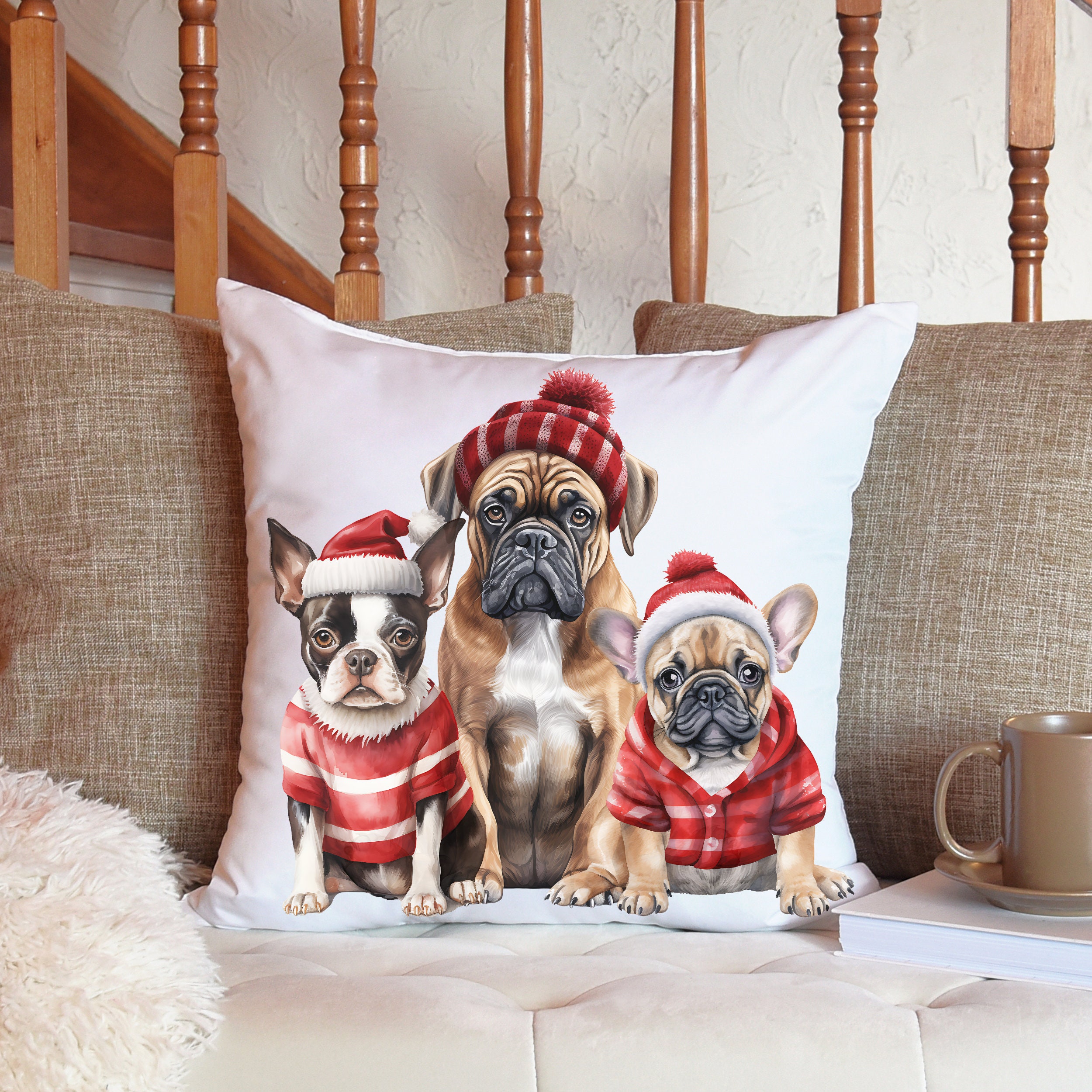 Federa Per Cuscino 45x45 Cm Con Pittura A Olio Di Cane Pug E Natale - Solo Fronte Stampato, Cerniera Nascosta
