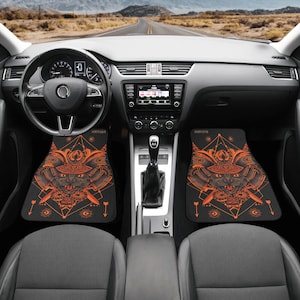Kitten Samurai Car Floor Mats Set Custom JDM Car Mats for Cat lover Japanese Inspired Orange Yellow Black JDM Design Japanese Warrior Pets image 4