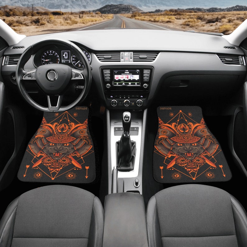 Kitten Samurai Car Floor Mats Set Custom JDM Car Mats for Cat lover Japanese Inspired Orange Yellow Black JDM Design Japanese Warrior Pets image 4