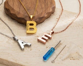 Personalized Initial Letter Urn Necklace Custom Cremation Ashes Engraved Name Pendant Silver Rose Gold Memorial Keepsake Gift Her Pet Loss
