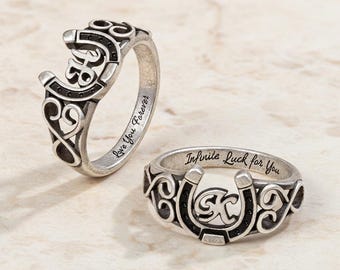 Custom Engraved Horseshoe Initial Ring Personalized Cowgirl Dainty Lucky Western Jewelry Gift Her Mom 925 Sterling Silver Horse Anniversary