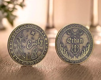 Personalized Decision Coin Custom Engraved Name Zodiac Birth Flower Turn Flip Decision Maker Metal Challenge Argument Solver Gift Him Her