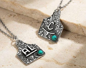 Personalized Cow Tag Brand Necklace Custom Initials Cattle Logo Pendant Boho Turquoise Western Dainty Silver Jewelry Gift Her Ranch Cowgirl