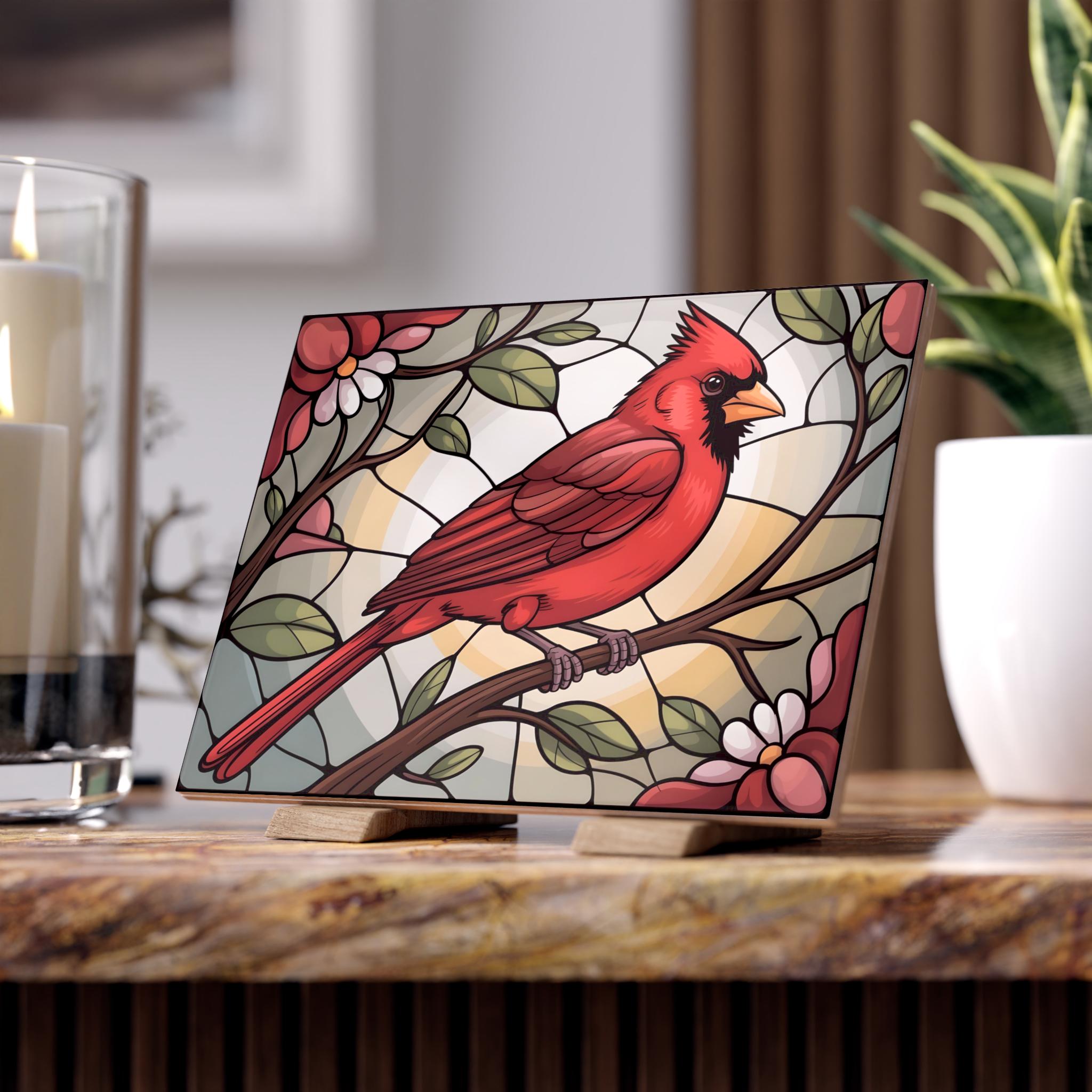 Cardinal Bird Ceramic Tile Stained Glass Print Loss Keepsake Display ...