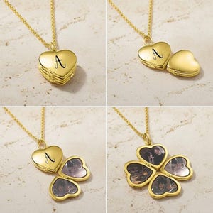 Custom Photo Locket Necklace Personalized 4 Picture Engraved Name Heart Clover Pendant Vintage Silver Rose Gold Memorial Gift Mom Grandma image 3