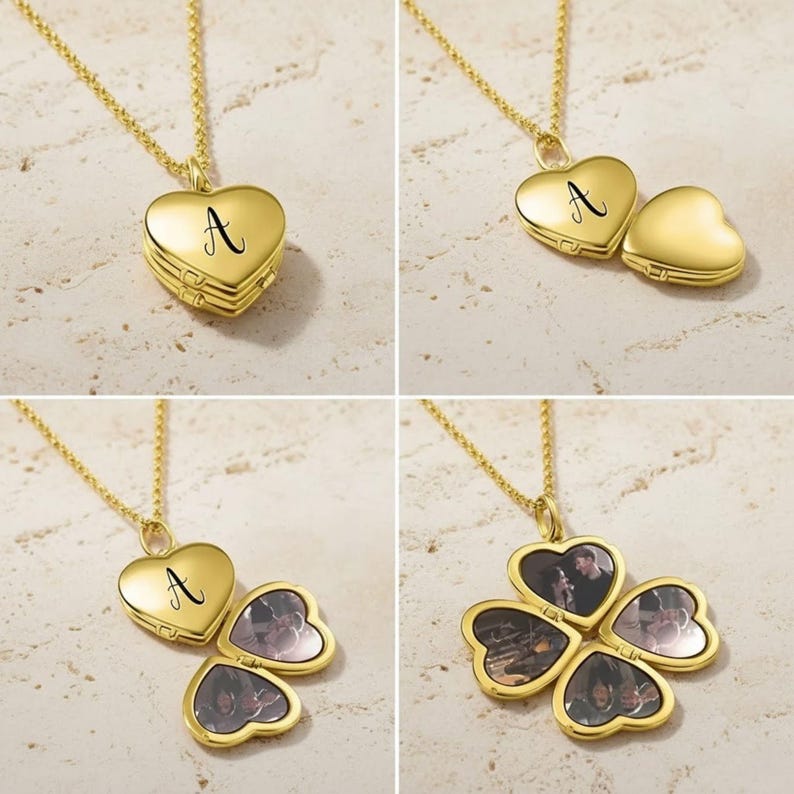 Custom Photo Locket Necklace Personalized 4 Picture Engraved Name Heart Clover Pendant Vintage Silver Rose Gold Memorial Gift Mom Grandma image 3