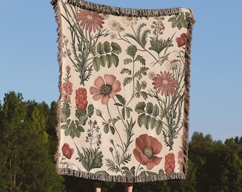Cottagecore Floral Woven Blanket Vintage Tapestry Hanging Boho Home Decor Cotton Cozy Throw Wildflower Jacquard Fringed Gift Him Her Couple