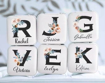 Custom Name Jewelry Box Travel Personalized Floral Small Leather Storage Organizer Case Bachelorette Bridesmaids Favors Monogram Gift Her