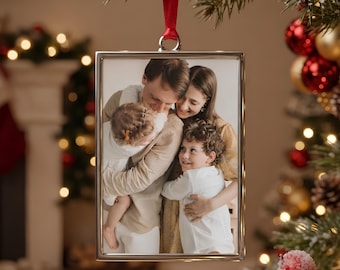 Custom Photo Portrait Frame Ornament Personalized Text Year Rusty Family Picture Rustic Christmas Decor Metal Silver Memorial Keepsake Gift
