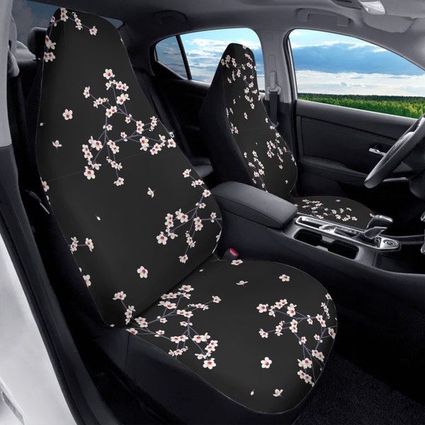 Cherry Blossom Sakura Car Seat Covers Set Custom JDM Cover Japanese Inspired Floral Design Graphic Black White Minimalist Cute Anime Kawai