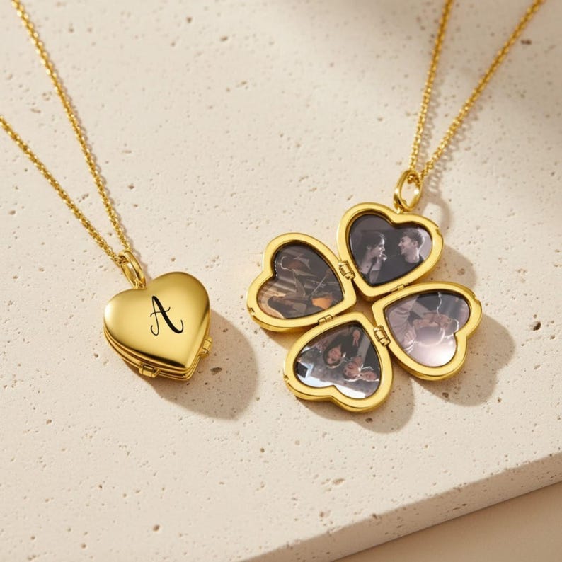 Custom Photo Locket Necklace Personalized 4 Picture Engraved Name Heart Clover Pendant Vintage Silver Rose Gold Memorial Gift Mom Grandma image 6