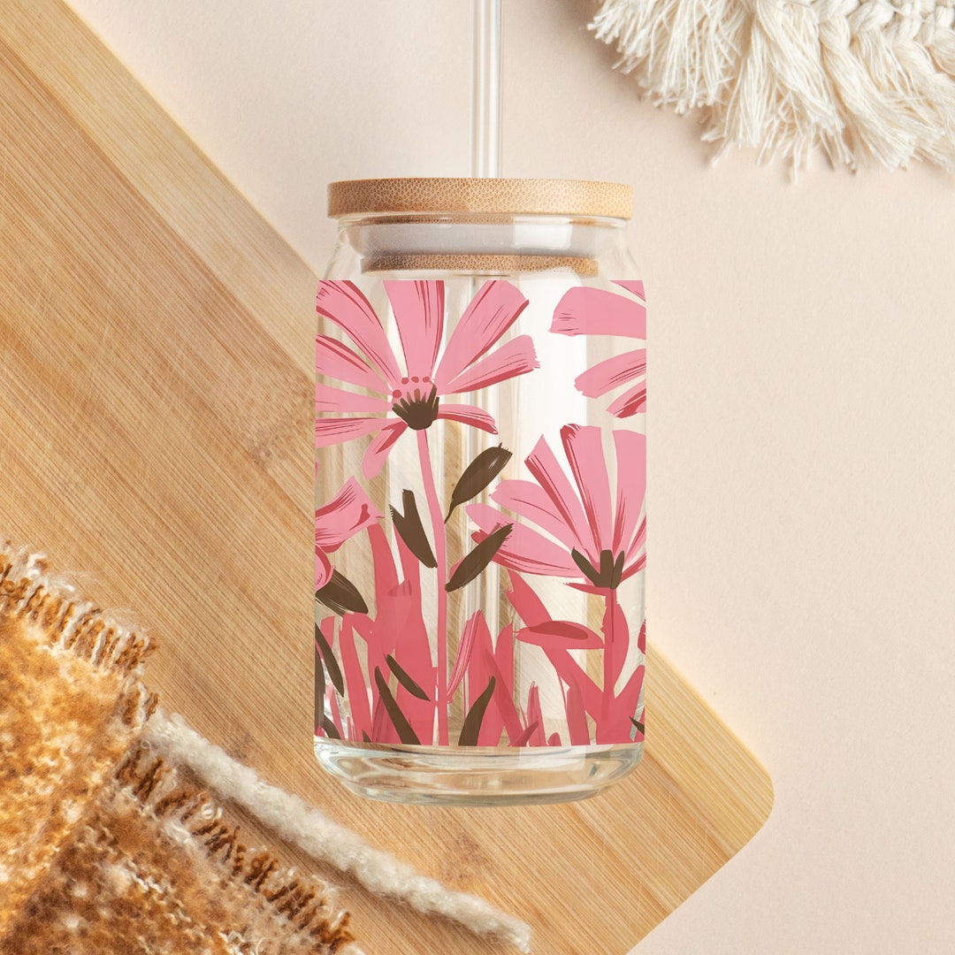 Floral Glass Tumbler 16oz Cottagecore Flowers Art Boho Iced Coffee Tea ...