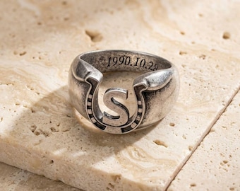 Custom Engraved Horseshoe Initial Ring Personalized Cowgirl Dainty Lucky Western Jewelry Gift Her Him Mom Vintage Silver Horse Anniversary