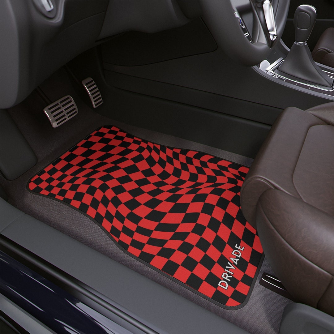 Checkered Car Floor Mats Set Red Custom JDM Car Mats Red Black JDM