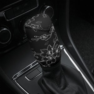 Cherry Blossom Sakura Car Shift Knob Cover Boot Custom JDM Japanese Floral Design Graphic Black White Minimalist Cute Anime Kawai Charm Art