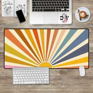 Boho Retro Sun Gaming Desk Mat Aesthetic Custom Large Cute Mouse Pad Gift Groovy Hippie 80s Home Office Blue Abstract Vintage Vibe Extended