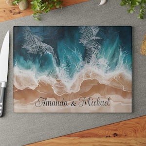Personalized Names Seashore Glass Cutting Board Ocean Kitchen Decor Beach Charcuterie Tray Housewarming Anniversary Gift Couple Family Mom