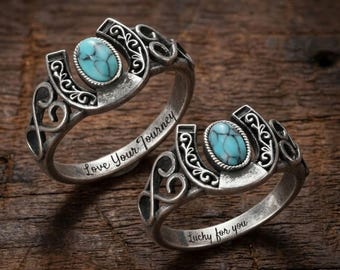 Custom Engraved Turquoise Horseshoe Ring Personalized Cowgirl Dainty Lucky Western Jewelry Gift Her Mom Sterling Silver Horse Anniversary