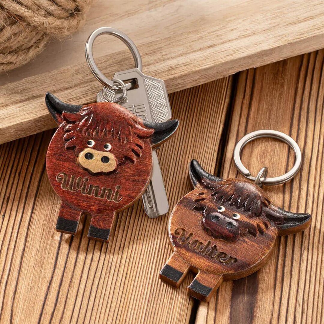 Custom Highland Cow Keychain Personalized Wooden Engraved