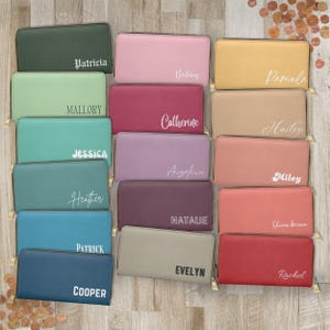 Cartera con nombre personalizada para mujer, con iniciales minimalistas personalizadas, espaciosa, grande, de cuero, con cremallera, bonita cartera larga y delgada, regalo para su mamá y su amiga