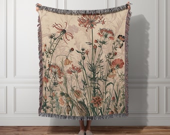 Cottagecore Floral Woven Blanket Vintage Tapestry Hanging Boho Home Decor Cotton Cozy Throw Wildflower Jacquard Fringed Gift Him Her Couple