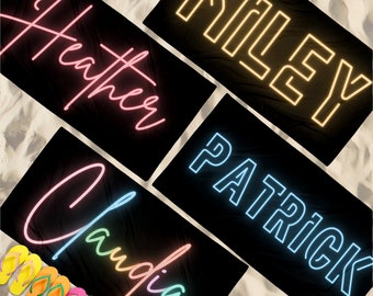 NEON Name Personalized Beach Towel Custom Light Sign Round Pool Blanket Summer Holiday Lake Travel Cruise Bachelorette Monogram Gift Him Her