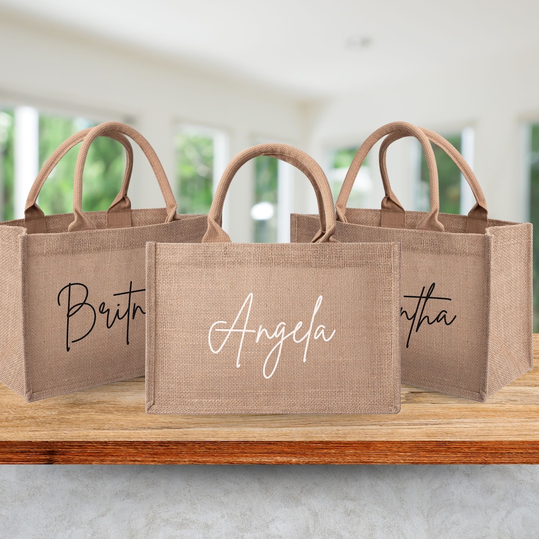 Personalized Name Burlap Tote Bag Custom Retro Bridesmaid Summer Beach ...