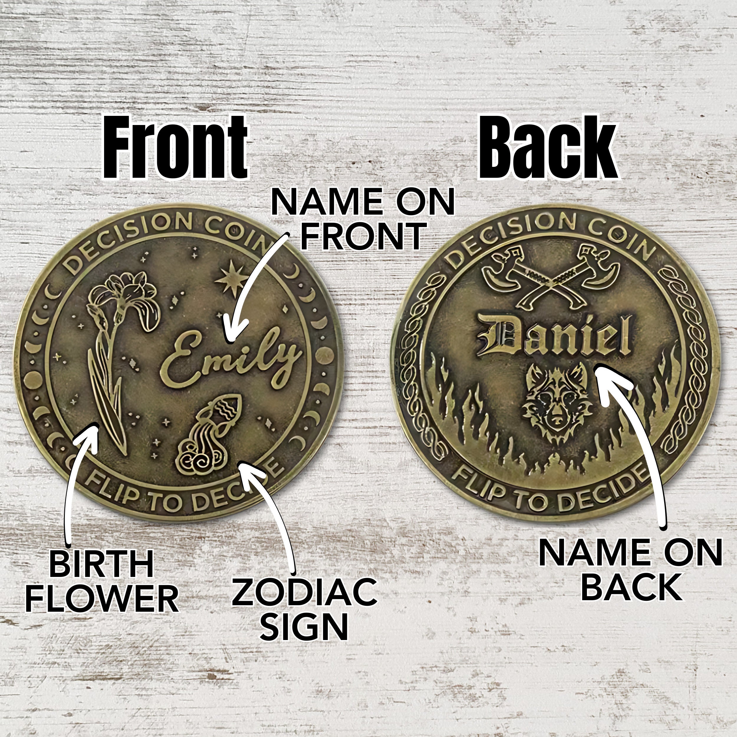 Cherbijou Personalized Decision Coin - Custom Engraved With Name, Birth  Flower & Constellation | Bronze Flip Coin