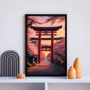Könnte beinhalten: Eine gerahmte Illustration eines traditionellen japanischen roten Torii-Tores, ein Symbol für Shinto-Schreine, umgeben von rosa Kirschblüten. Das Tor steht am Ende eines von Bäumen gesäumten Weges und schafft eine ruhige und malerische Szene.