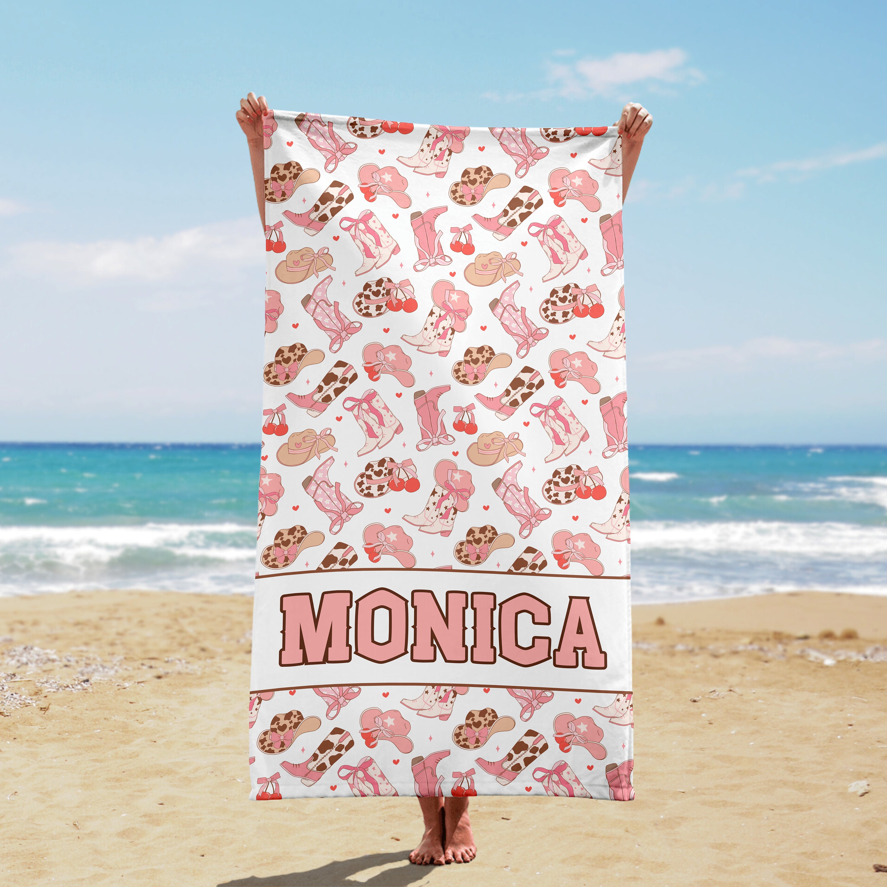 Custom Beach Towel Personalized Name Coquette Western Cowgirl Boots Hat  Pink Round Pool Blanket Summer Lake Cruise Holiday Travel Gift Her - Etsy, image size:3000x3000