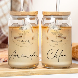 Custom Birth Flower Name Glass Tumbler 16oz Personalized Floral Iced Coffee Soda Can Lid Straw Bridesmaids Bachelorette Cup Gift Her Mom