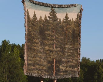 Mountain Forest Trees Woven Blanket Vintage Tapestry Hanging Boho Home Decor Cotton Cozy Throw Green Jacquard Fringed Gift Him Her Couple