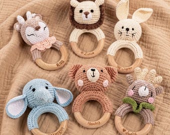 Custom Engraved Name Baby Rattle Toy Personalized Crochet Animal Newborn Shower Gift Montessori Wooden Ring Grasping Teether Boy Girl Mom