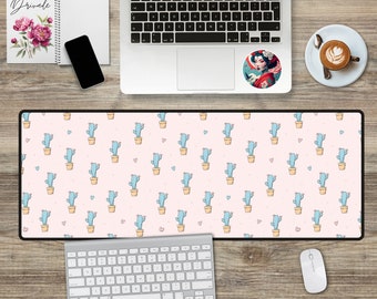 Cute Cactus Gaming Desk Mat Aesthetic Custom Large Mouse Pad Gift Pastel Pink Cyan Blue Kawaii Anime Floral Boho Western Nature Succulent