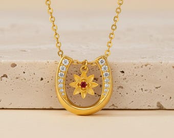 Personalized Horseshoe Birth Flower Necklace Custom Cowgirl Dainty Lucky Western Pendant Jewelry Gift Her Mom Floral Silver Rose Gold 18K