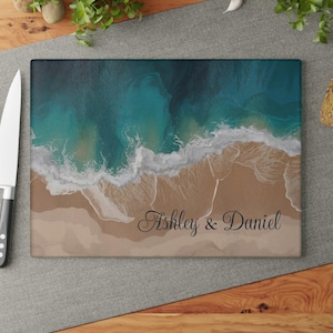 Personalized Names Seashore Glass Cutting Board Ocean Kitchen Decor Beach Charcuterie Tray Housewarming Anniversary Gift Couple Family Mom