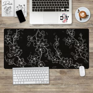 Cherry Blossom Gaming Desk Mat XXL Large Graphic Mousepad Minimalist Office Decor Black and White Sakura Japanese JDM Floral Design Boho Art