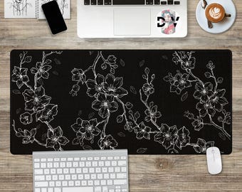 Cherry Blossom Gaming Desk Mat XXL Large Graphic Mousepad Minimalist Office Decor Black and White Sakura Japanese JDM Floral Design Boho Art