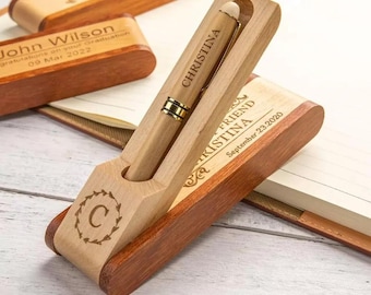 Personalized Pen & Case Custom Engraved Name Wooden Holder Box Set Monogram Graduation Teacher Doctor Nurse Lawyer Boss Job Gift Him Her