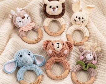 Custom Engraved Name Baby Rattle Toy Personalized Crochet Animal Newborn Shower Gift Montessori Wooden Ring Grasping Teether Boy Girl Mom
