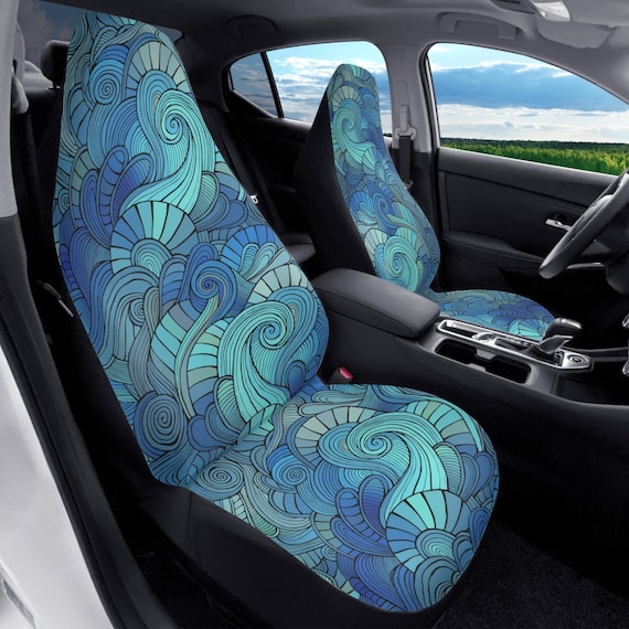 Sea Waves Car Seat Covers Set Coastal Graphic Design Art Car Seat Protectors Watercolor Blue Car Accessories Marine Ocean Sea Inspired Graph