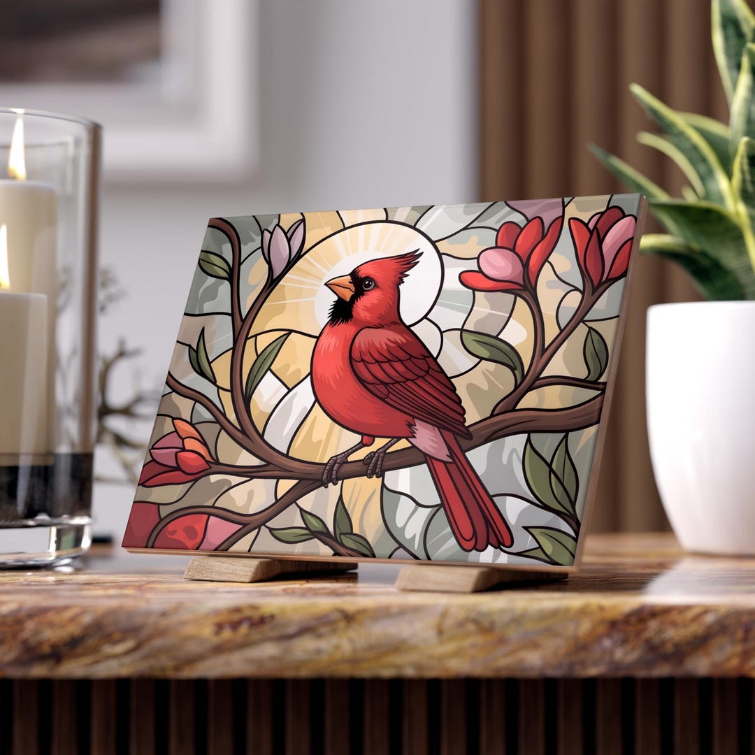 Cardinal Bird Ceramic Tile Stained Glass Print Loss Keepsake Display ...