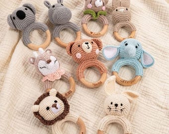Custom Engraved Name Baby Rattle Toy Personalized Crochet Animal Newborn Shower Gift Montessori Wooden Ring Grasping Teether Boy Girl Mom