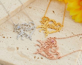 Custom Name Heart Birthstone Birth Flower Necklace Personalized Dainty Gemstone Pendant Jewelry Birthday Gift Her Mom Silver Rose Gold 18K
