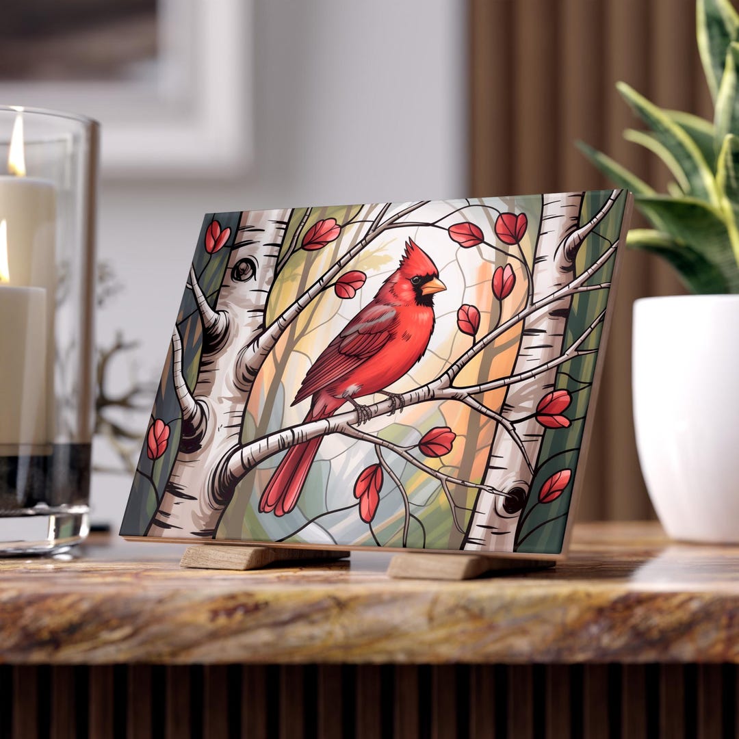 Cardinal Bird Ceramic Tile Stained Glass Print Loss Keepsake Display ...