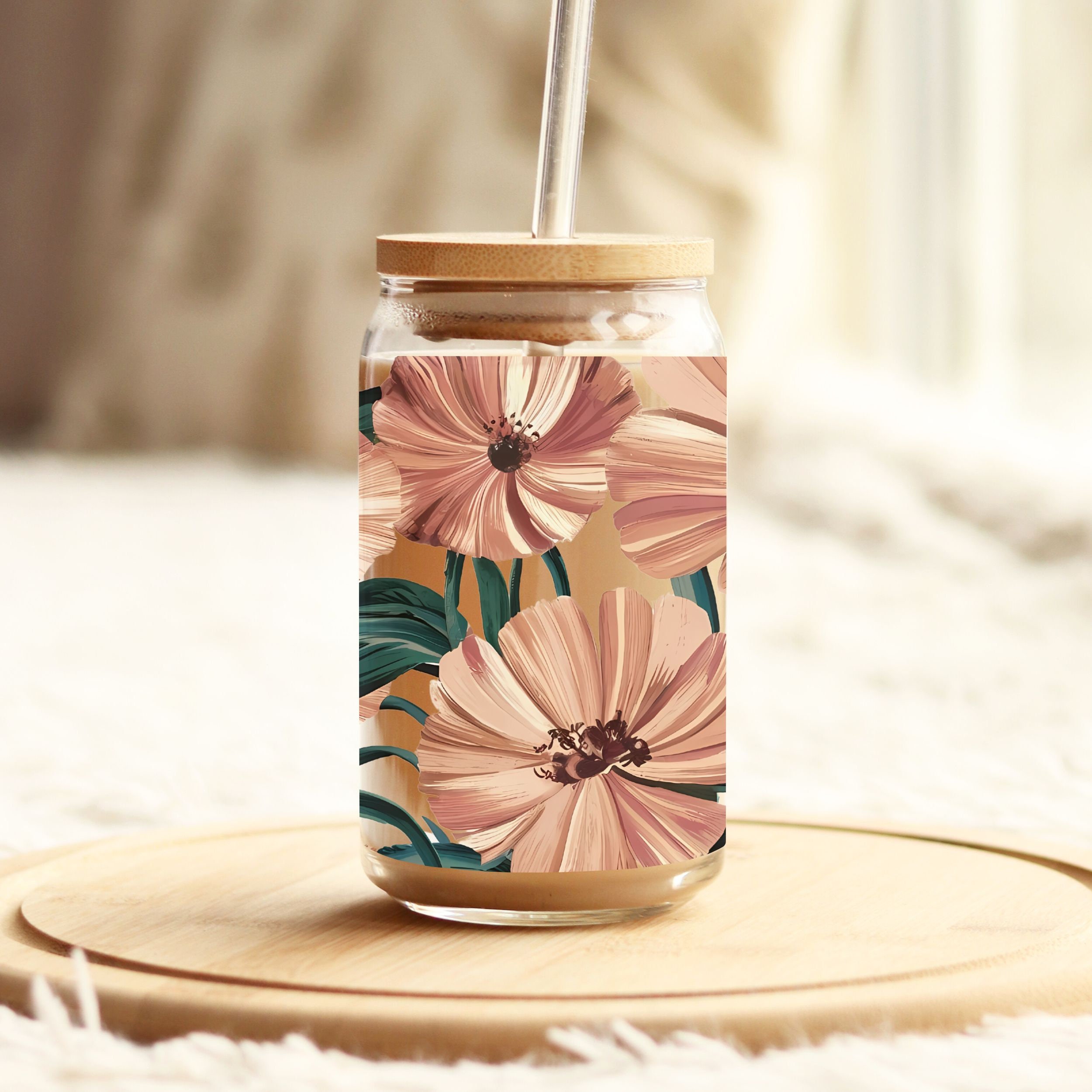 Floral Glass Tumbler 16oz Cottagecore Flowers Art Boho Iced Coffee Tea ...