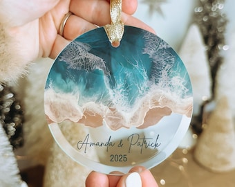 Spersonalizowana ozdoba nadmorska, spersonalizowane imiona pary, rok, plażowa bombka świąteczna, ślub, zaręczyny, rocznica ślubu, pamiątka, zawieszka na choinkę